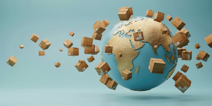 3D globe surrounded by floating cardboard shipping boxes, global logistics and international delivery concept on blue background