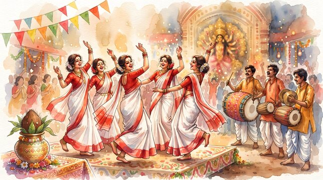 A vibrant and colorful depiction of the durga puja festival showcasing the energy and devotion of the celebrations