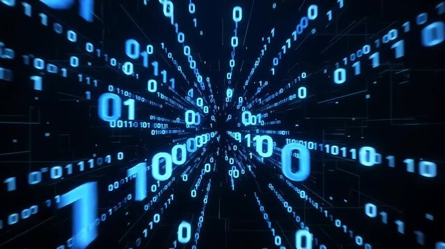 Endless stream of glowing blue binary code numbers and ones and zeros radiating outward in deep cyberspace