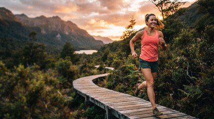 Fototapeta premium Woman running on a boardwalk path through a forest at sunset