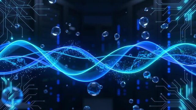 Glowing blue digital data waves and floating water bubbles inside futuristic server room network infrastructure