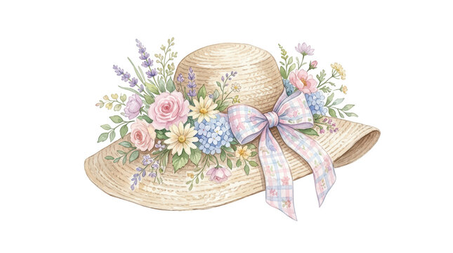 Watercolor straw hat decorated with spring flowers isolated on white isolated on transparent background