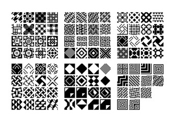 Fototapeta premium Collection of black and white pixel patterns featuring geometric shapes, mazes, spirals, grids, diamonds, crosses and repeating motifs. Ideal for retro games, textures, tiles and digital backgrounds.