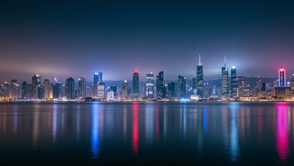 Fototapeta premium Modern city skyline illuminating night harbor with vibrant reflections, urban landscape showcasing progress and architecture