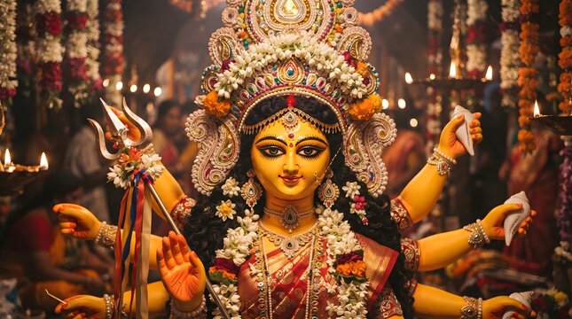 A magnificent depiction of goddess durga during durga puja symbolizing strength victory and the triumph of good over evil beautifully captured