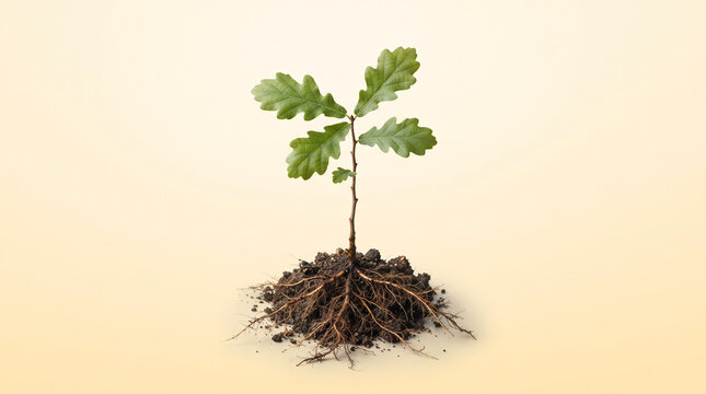 Oak sapling with visible roots and soil against a plain background