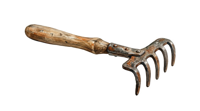 Old hand rake isolated on transparent background