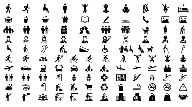 Set of various black and white icons for public signage and navigation