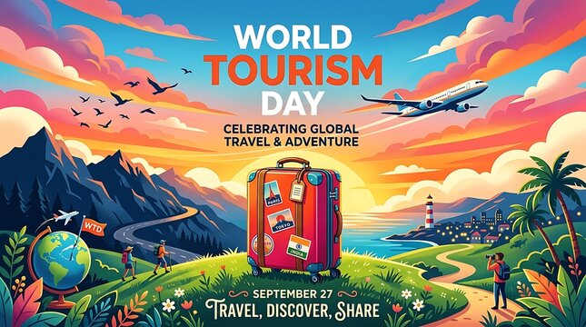 World tourism day celebration with colorful travel scene