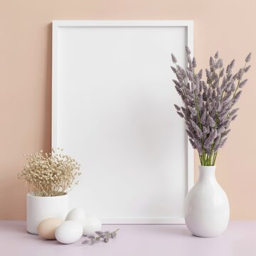 Vertical white frame mockup with lavender sprigs in a vase, dried flowers in a pot, and easter eggs on a pastel surface