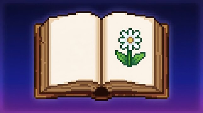 Open ancient book with pixel flower illustration