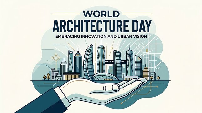 Hand holding futuristic city illustration for world architecture day
