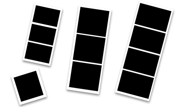Blank Photo Booth Frame Strip Set, Multiple Empty Polaroid Picture Frames and Single Photo Frame, Photography Template Vector Transparent Background