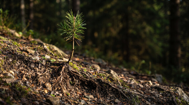 Young pine seedling with exposed roots growing on forest floor