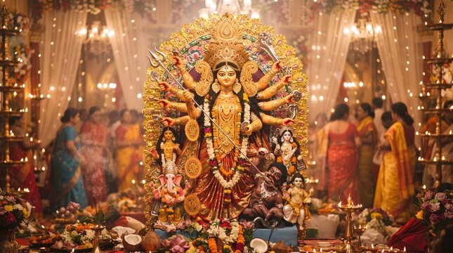 A stunning depiction of goddess durga beautifully adorned and illuminated during the vibrant and joyous durga puja festival celebrations