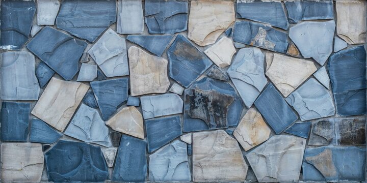 Top-down view of a mosaic stone wall featuring interlocking irregular blue and beige slate tiles with textured surfaces
