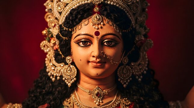 A stunning close up portrait of goddess durga radiating divine beauty and strength during the vibrant durga puja festival celebrations