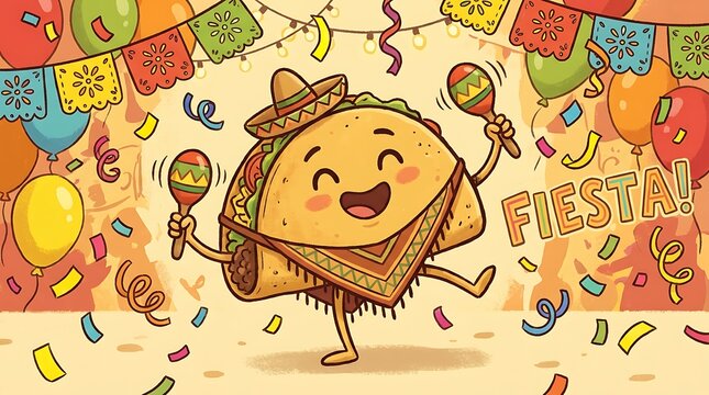 Happy burrito character celebrating fiesta with maracas