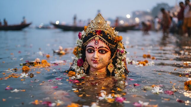 A captivating image depicting the immersion of a durga idol in a river symbolizing the conclusion of the vibrant festival