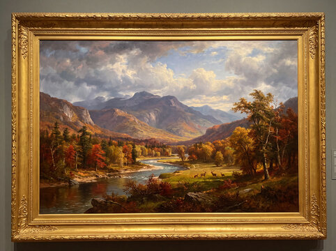 Ornate gold framed autumn mountain landscape oil painting