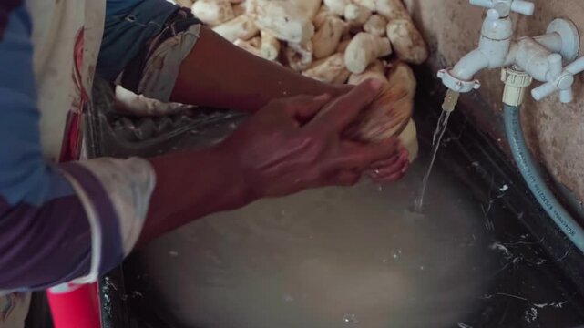 Close-up view of hands carefully washing and brushing raw cassava under running water in a kitchen sink. Slow-motion food preparation