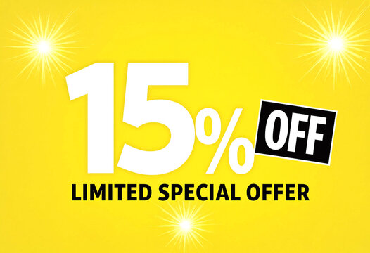 Bright yellow sale banner with fifteen percent off limited special offer discount promotion