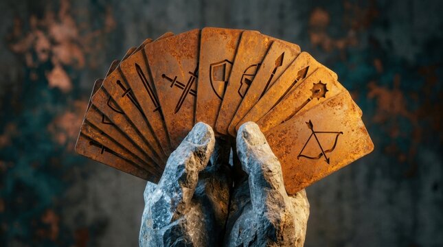 Fanned metal cards with warrior symbols, held by a textured hand, dark background, fantasy concept.