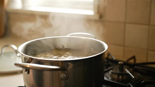 A stainless steel pot boils water on a gas stove with steam rising while cooking in a kitchen with soft window light.