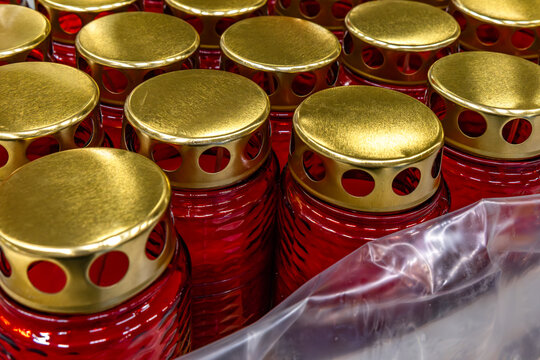 Memorial candles for All Saints Day sold in a Polish store