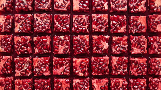 Diced pomegranate chunks with seeds floating in rich red natural fruit juice, closeup top view texture of juicy aril blocks in liquid background