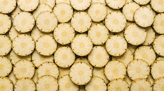 Seamless pattern of round yellow pineapple slices arranged flat lay background texture, fresh tropical fruit cross section pattern for summer design