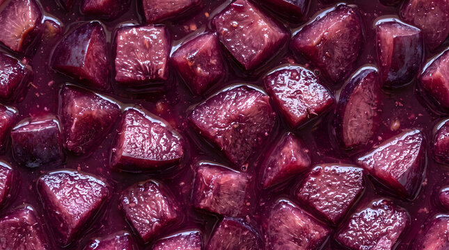 Diced dark plum chunks soaking in rich purple fruit juice background, closeup macro shot of fresh plum pieces in sweet liquid top view