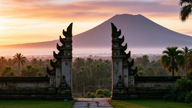 Balinese candi bentar temple gate framing Mount Agung volcano and palm trees during a tropical sunrise