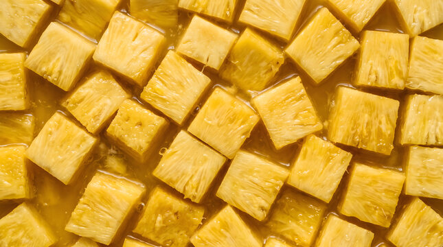 Juicy diced pineapple cubes floating in fresh yellow fruit juice background, closeup top view texture of sweet pineapple chunks in liquid