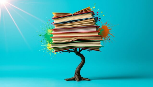 Books stacking on tree trunk, symbolizing education, knowledge growth, and creative learning with vibrant splatters