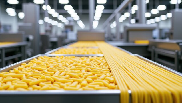Pasta manufacturing line producing various dry noodle shapes in a modern food processing plant