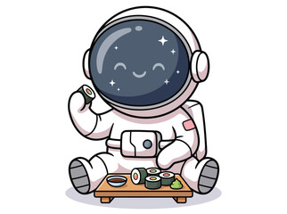 Cute astronaut eating sushi vector illustration, kawaii space traveler character with maki rolls, whimsical galaxy explorer dining on japanese food © Hiền