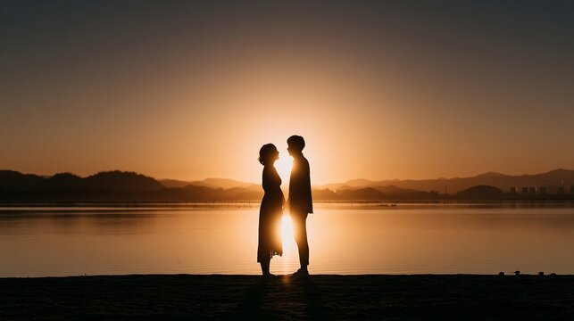 Couple standing by lake at sunset, sun glowing between them, symbolizing love and connection