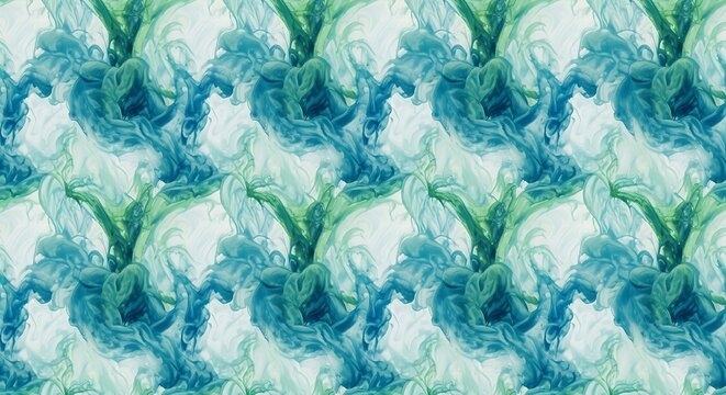 Abstract seamless pattern of blue and green ink clouds swirling in clear liquid background design with plumes disperse swirl