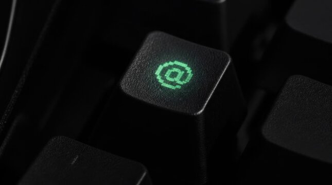 Close-up of a glowing green at symbol on a dark keyboard key.
