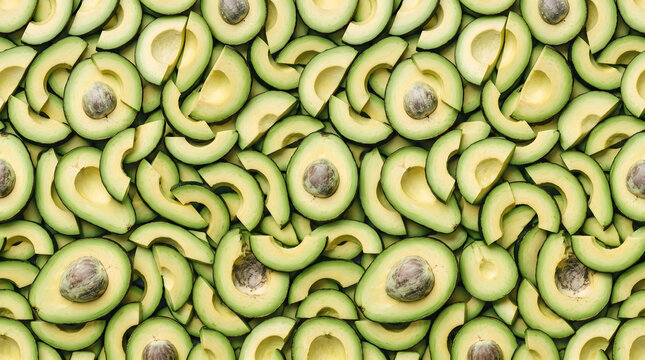 Seamless pattern of sliced green avocado halves and crescents with pit flat lay top view, ripe avocado slices background texture for design