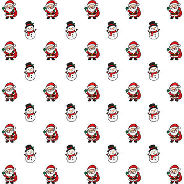 Cute Christmas Seamless Pattern with Santa Claus, Penguin, and Snowman