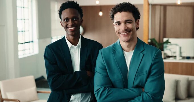 Face, confidence and happy men in office with teamwork, workforce and lawyers in cooperation. Smile, people or portrait of attorneys in collaboration at law firm, arms crossed and legal professionals