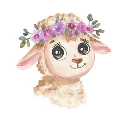 Cute watercolor lamb - cute little baby sheep with floral crown, purple flowers, green leaves. Illustration for nursery, baby shower, children card. © NATALIA