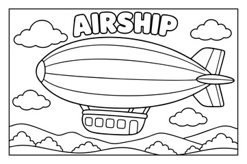 Airship coloring page for children featuring a dirigible flying above hills with fluffy white clouds © Hokyubi