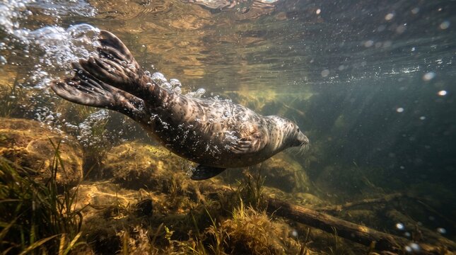 Grey seal swims underwater among aquatic plants and bubbling water