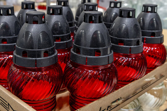 Memorial candles for All Saints Day sold in a Polish store