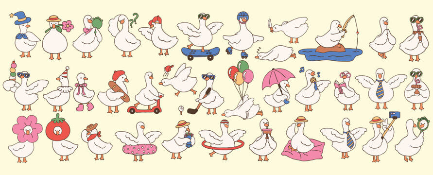 Funny silly white geese sketch color illustration set