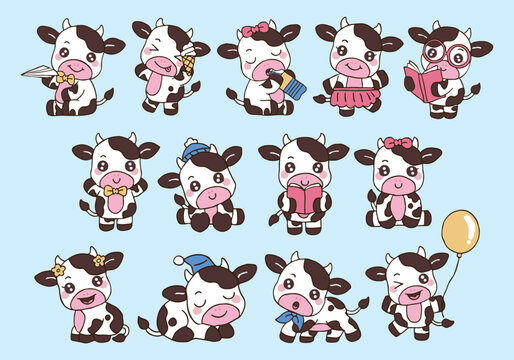 Cute black and white cows sketch color illustration set