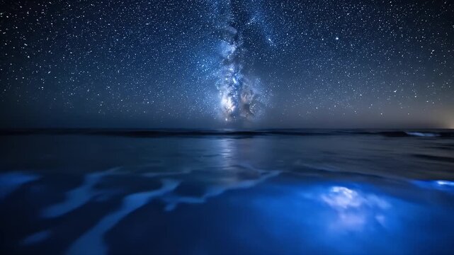 observing a clear night sky over a tranquil coast with a luminous Milky Way over the horizon